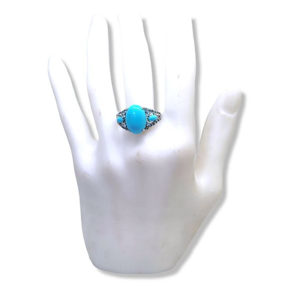 Platinum on Sterling Silver Oval Cabochon Sleep Beauty Turquoise Blue Topaz Ring - Picture 5 of 6